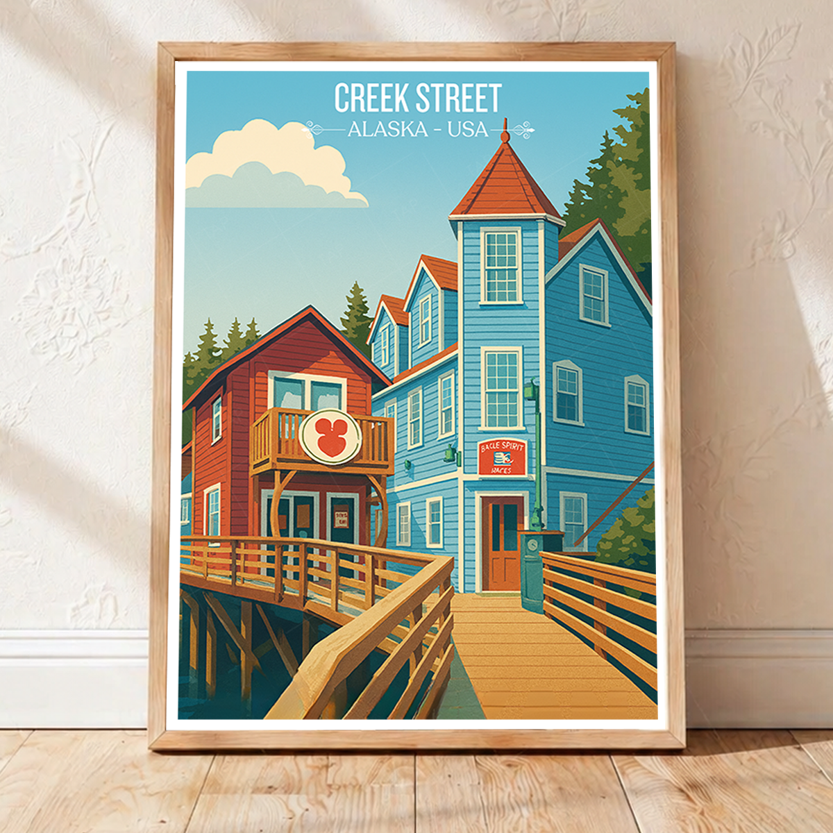 Creek Street - Alaska - Travel Poster Print Modern Style Wall Art