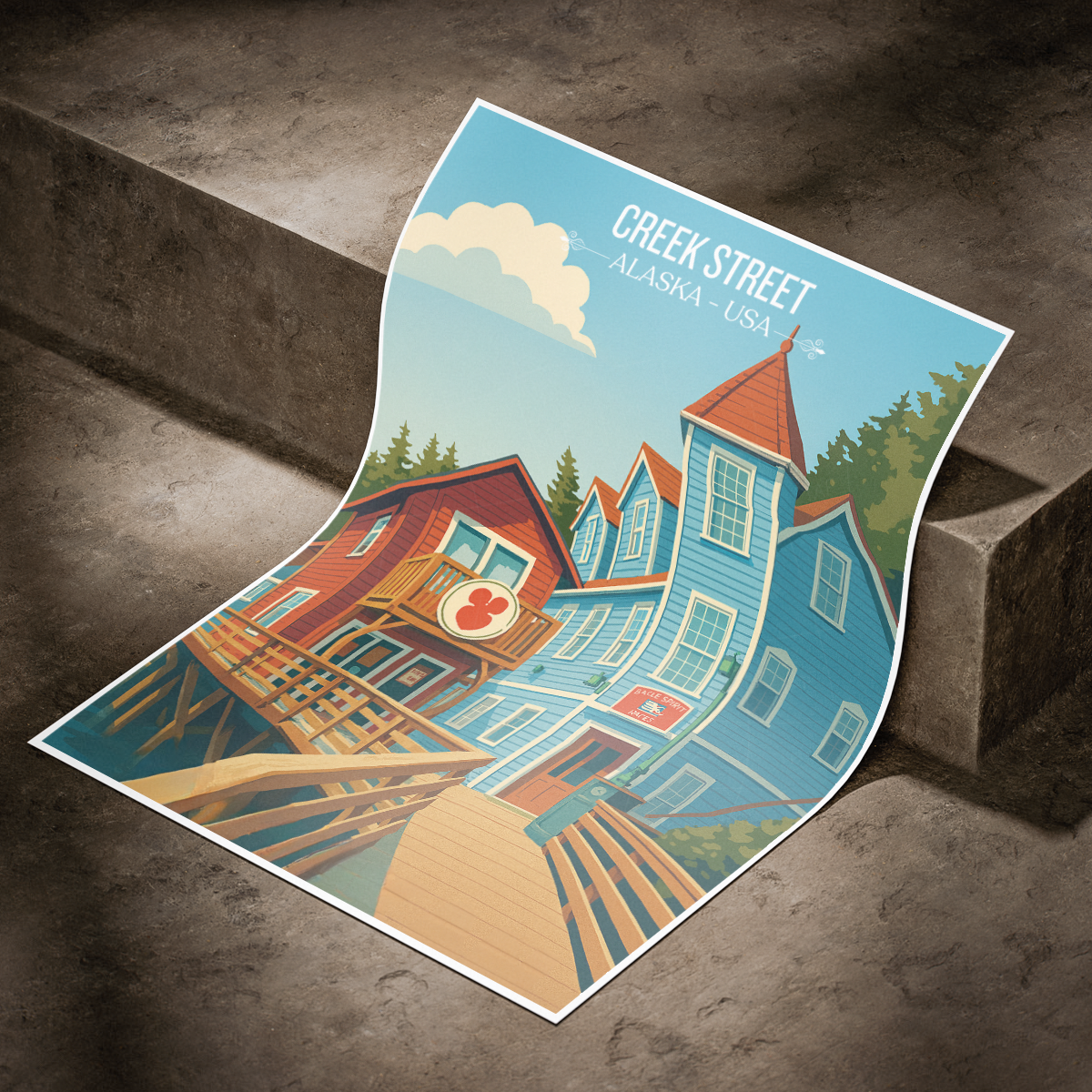 Creek Street - Alaska - Travel Poster Print Modern Style Wall Art