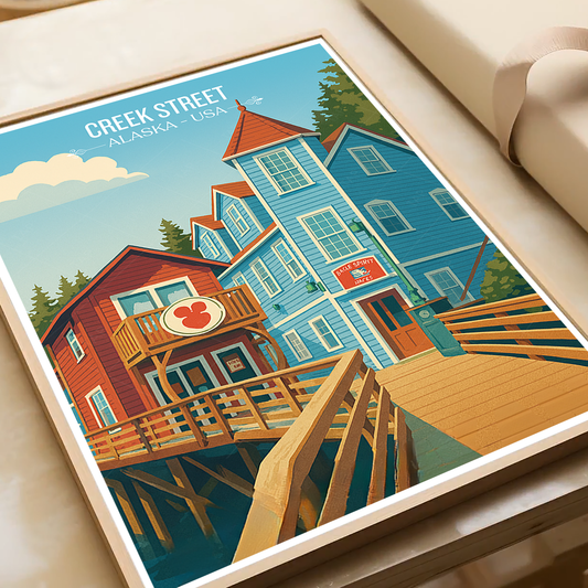 Creek Street - Alaska - Travel Poster Print Modern Style Wall Art - Art Print - Travel Art Poster