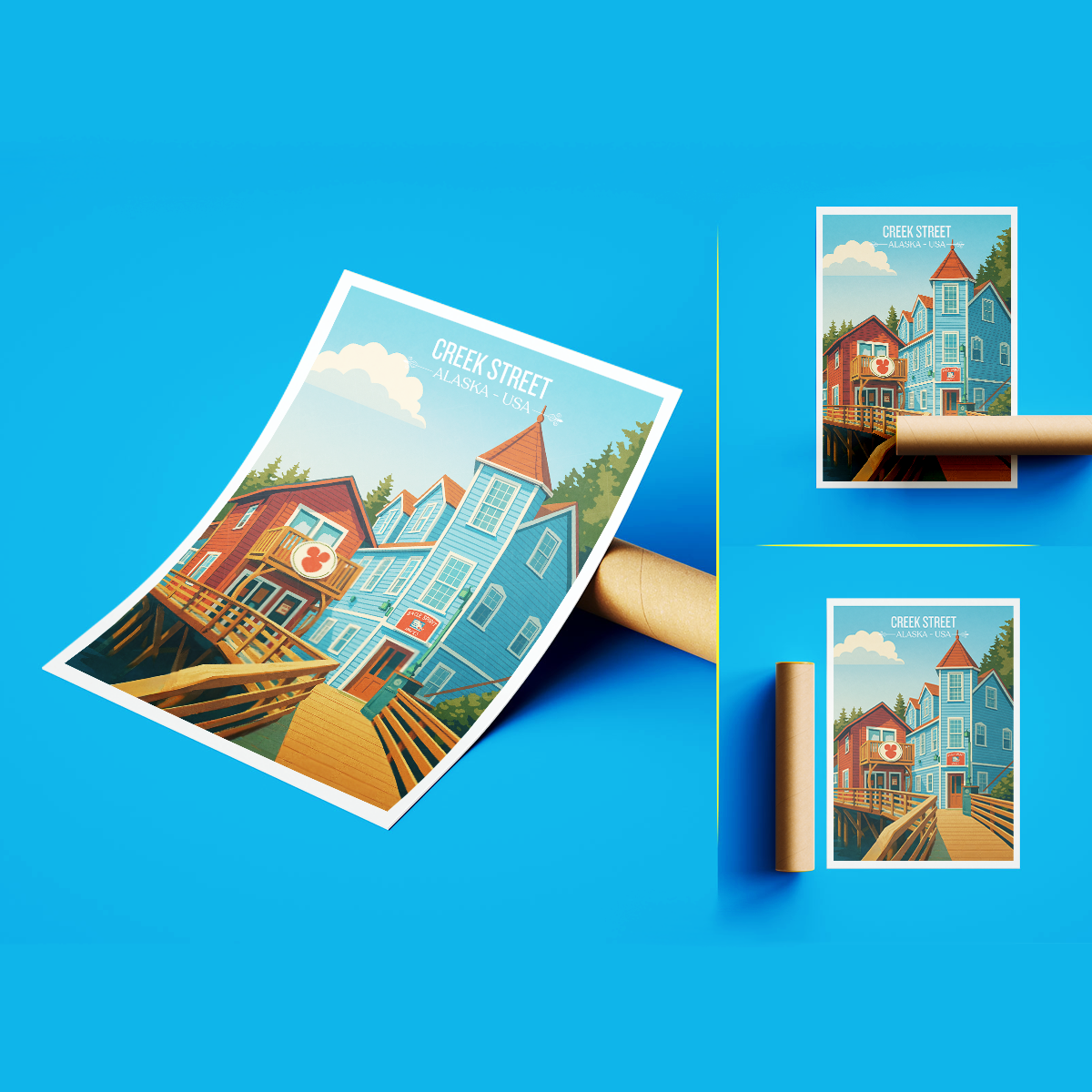 Creek Street - Alaska - Travel Poster Print Modern Style Wall Art