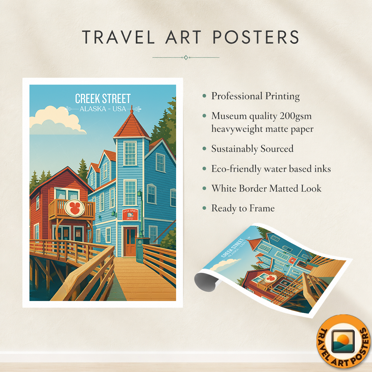 Creek Street - Alaska - Travel Poster Print Modern Style Wall Art
