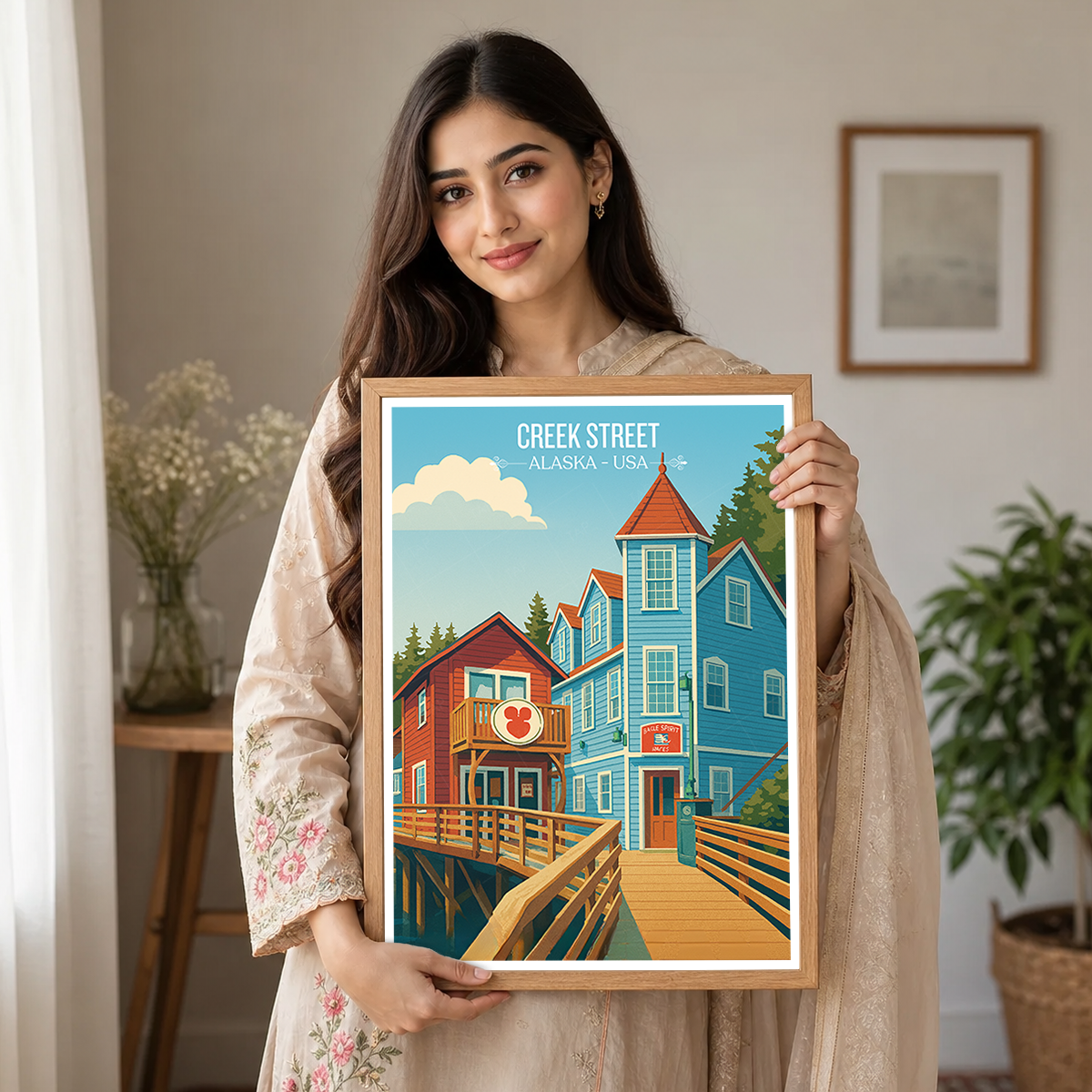 Creek Street - Alaska - Travel Poster Print Modern Style Wall Art