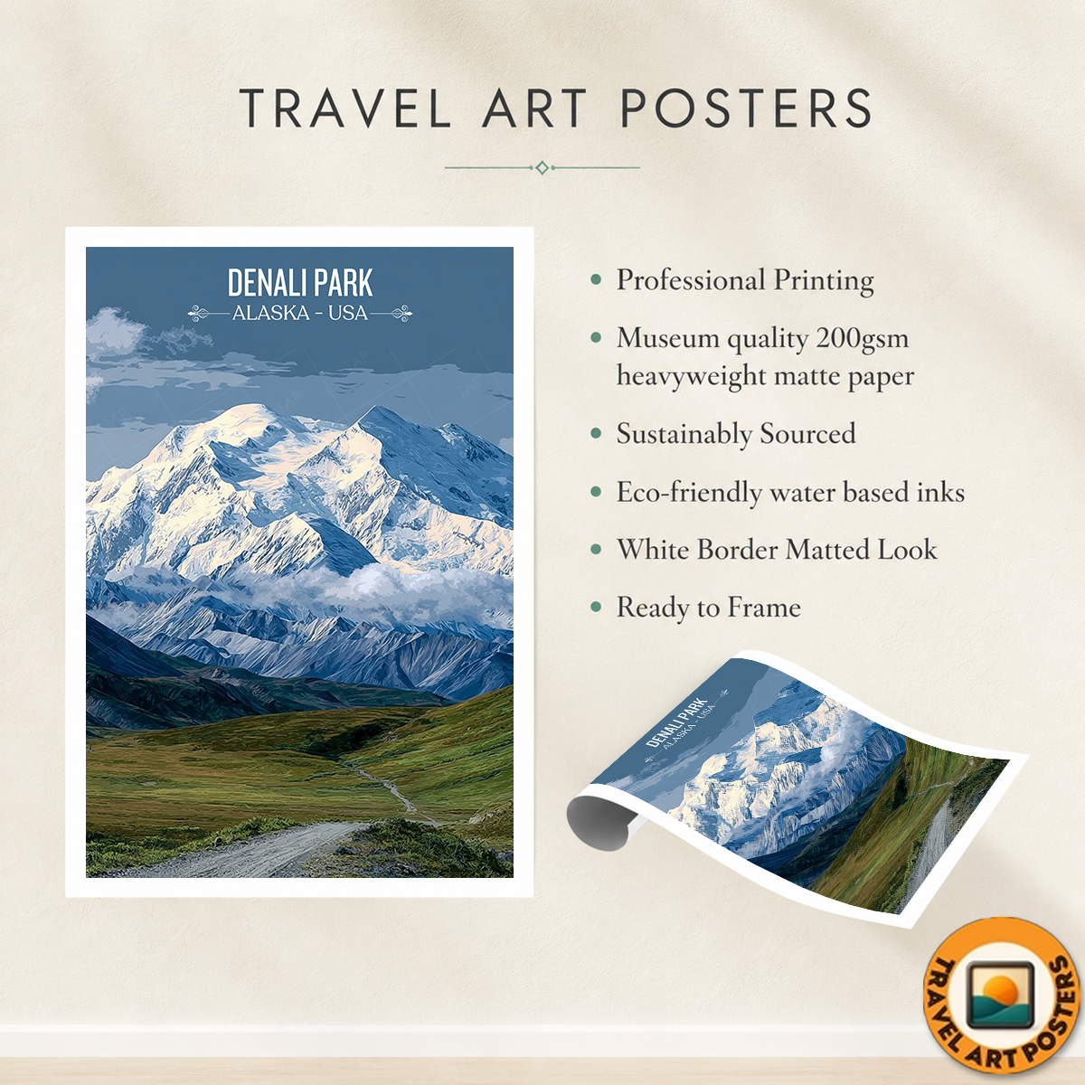 Denali Park - Alaska - Travel Poster Print Modern Style Wall Art