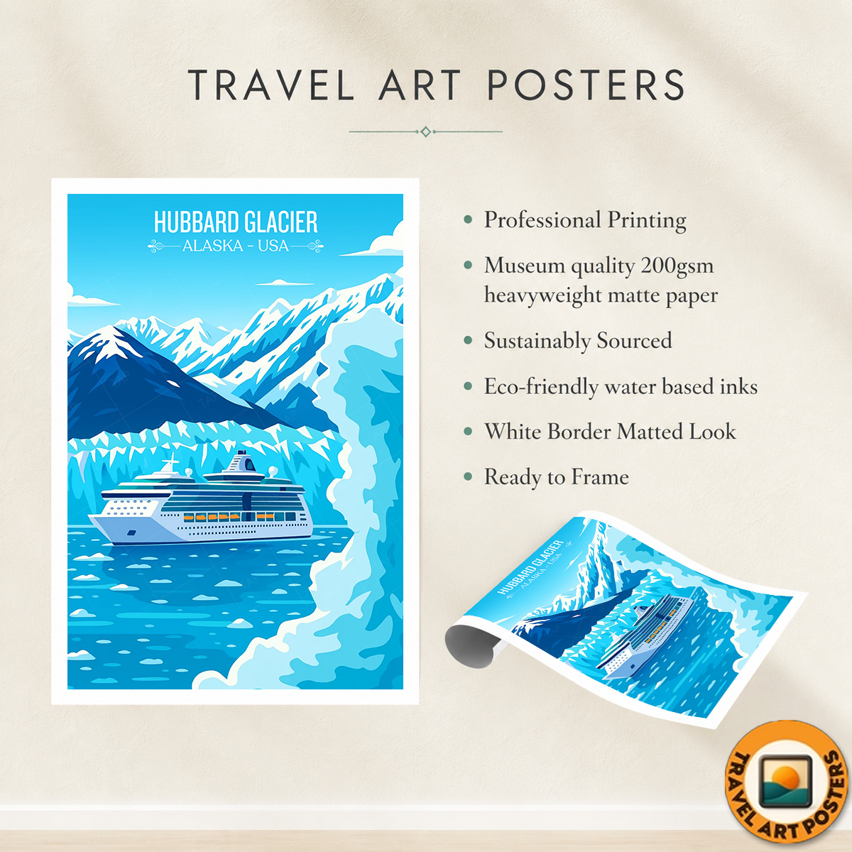 Hubbard Glacier - Alaska - Travel Poster Print Modern Style Wall Art