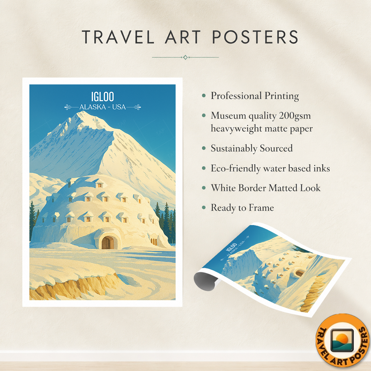 Igloo - Alaska - Travel Poster Print Modern Style Wall Art