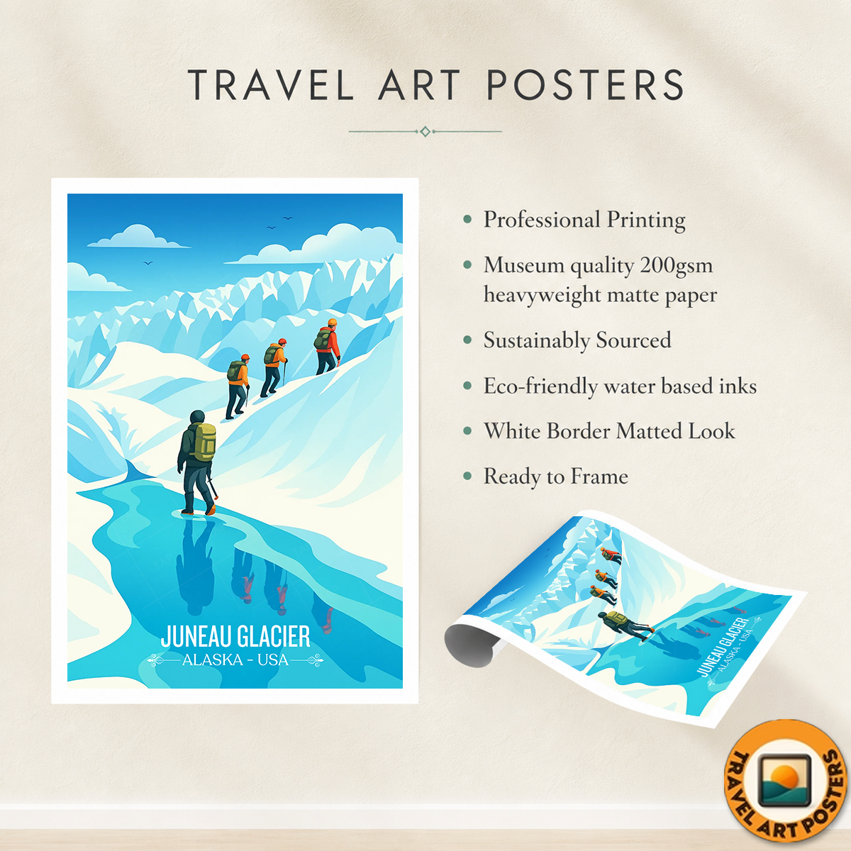 Juneau Glacier - Alaska - Travel Poster Print Modern Style Wall Art