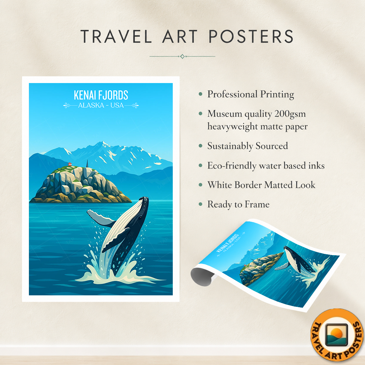 Kenai Fjords - Alaska - Travel Poster Print Modern Style Wall Art