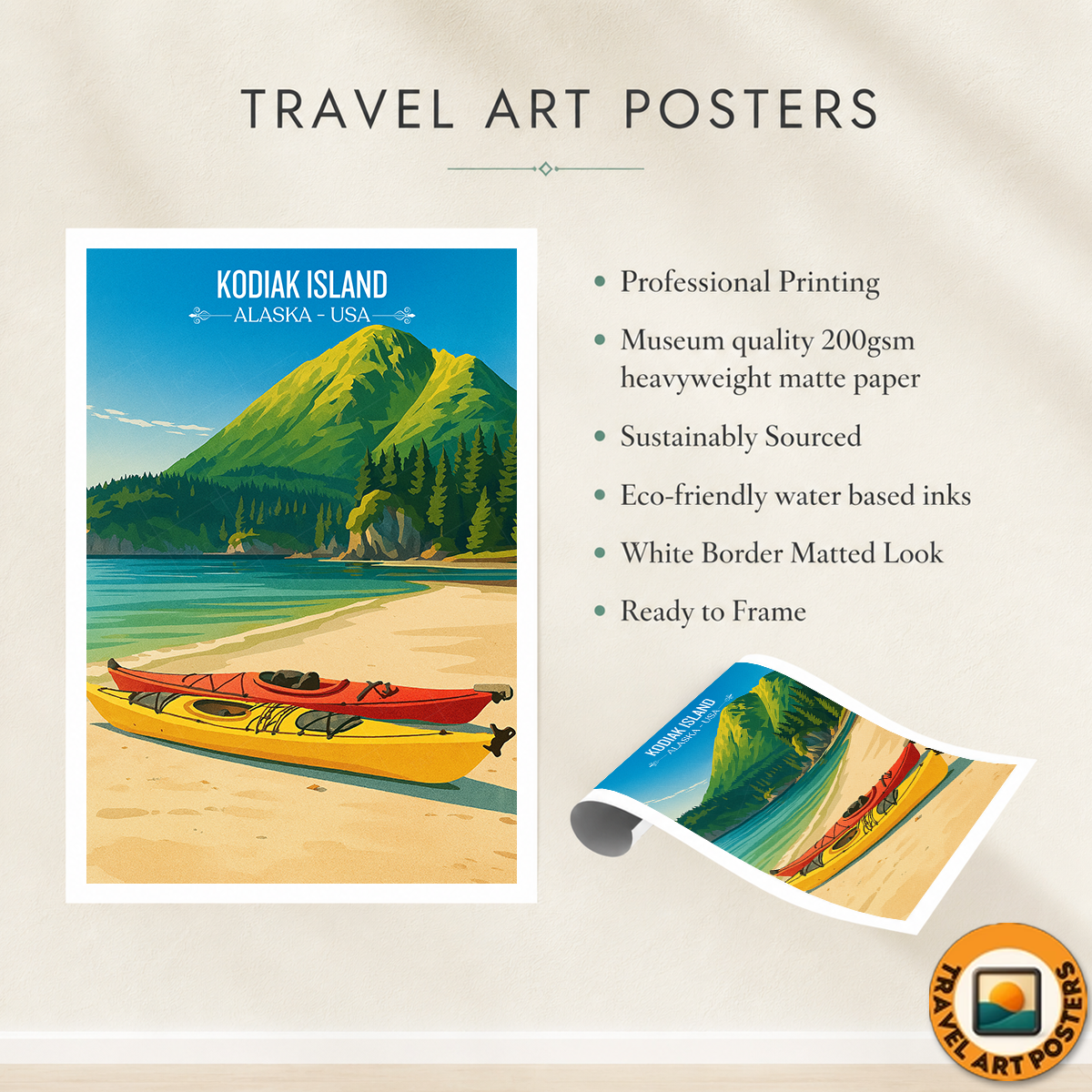 Kodiak Island - Alaska - Travel Poster Print Modern Style Wall Art
