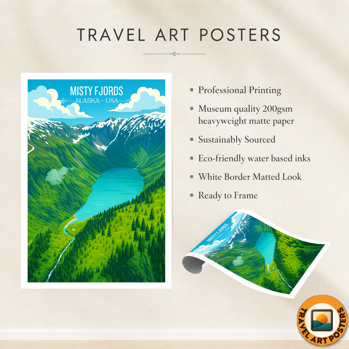 Misty Fjords - Alaska - Travel Poster Print Modern Style Wall Art
