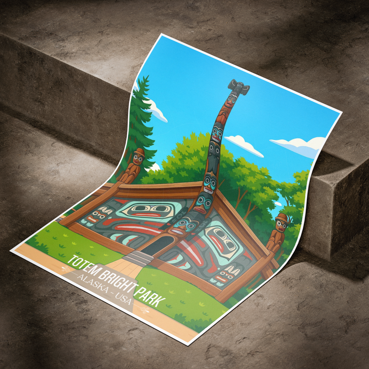 Totem Bight Park - Alaska - Travel Poster Print Modern Style Wall Art