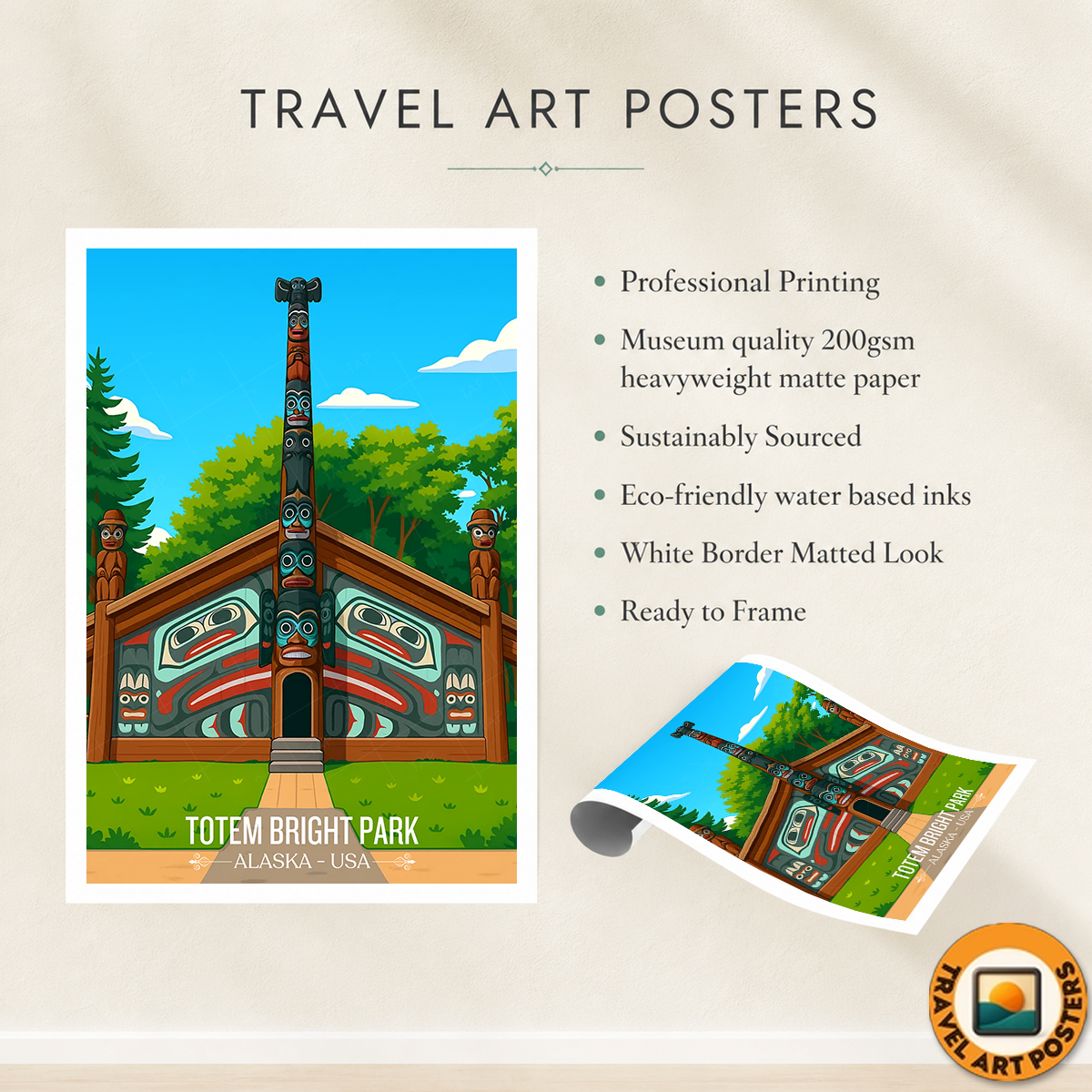 Totem Bight Park - Alaska - Travel Poster Print Modern Style Wall Art