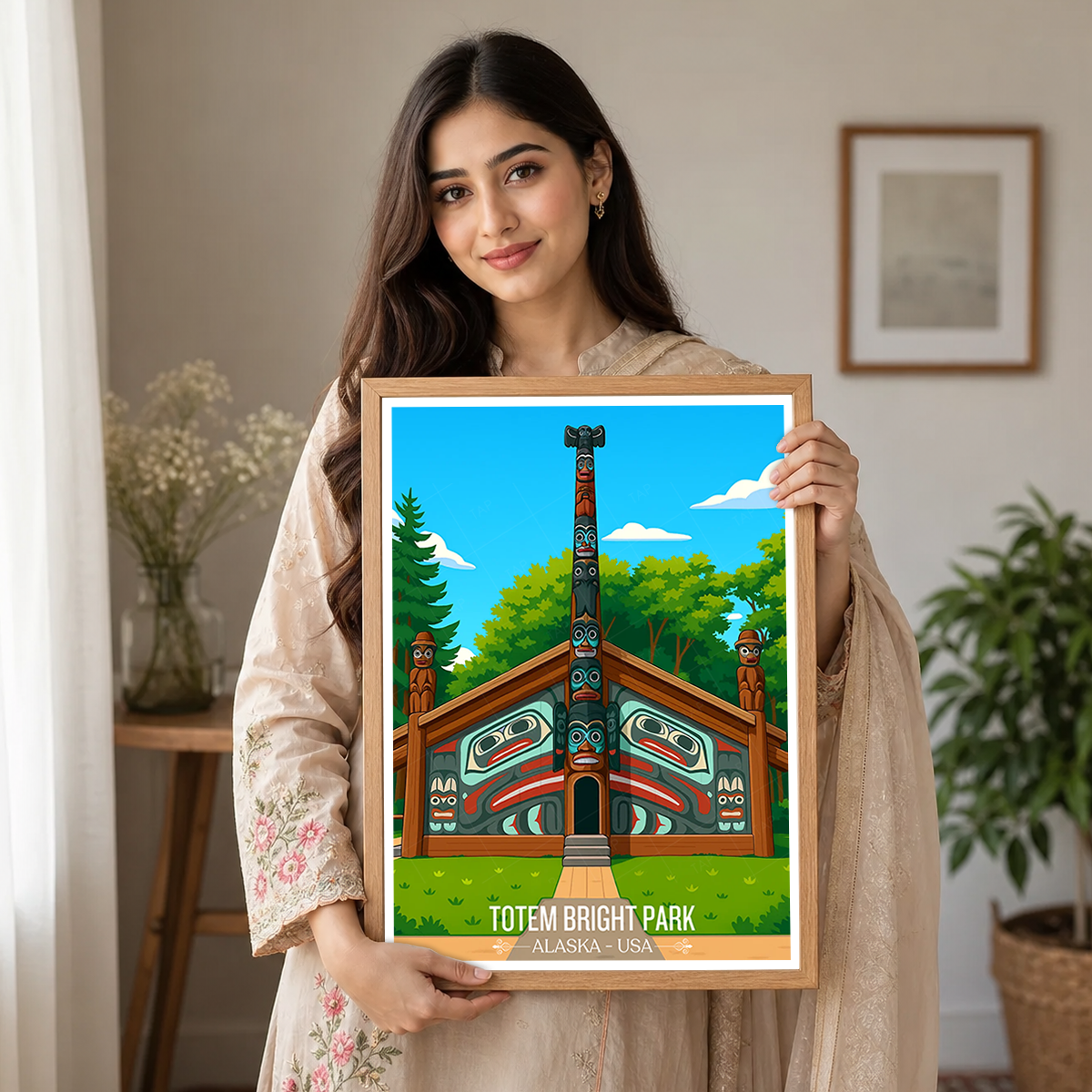 Totem Bight Park - Alaska - Travel Poster Print Modern Style Wall Art