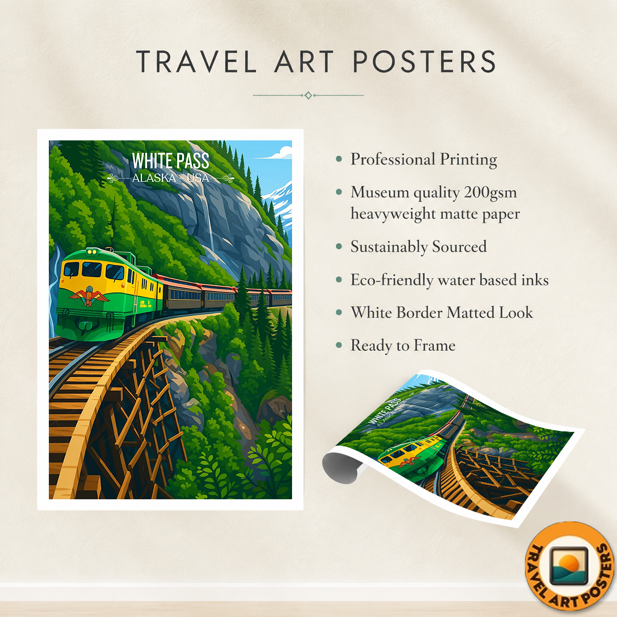White Pass - Alaska - Travel Poster Print Modern Style Wall Art