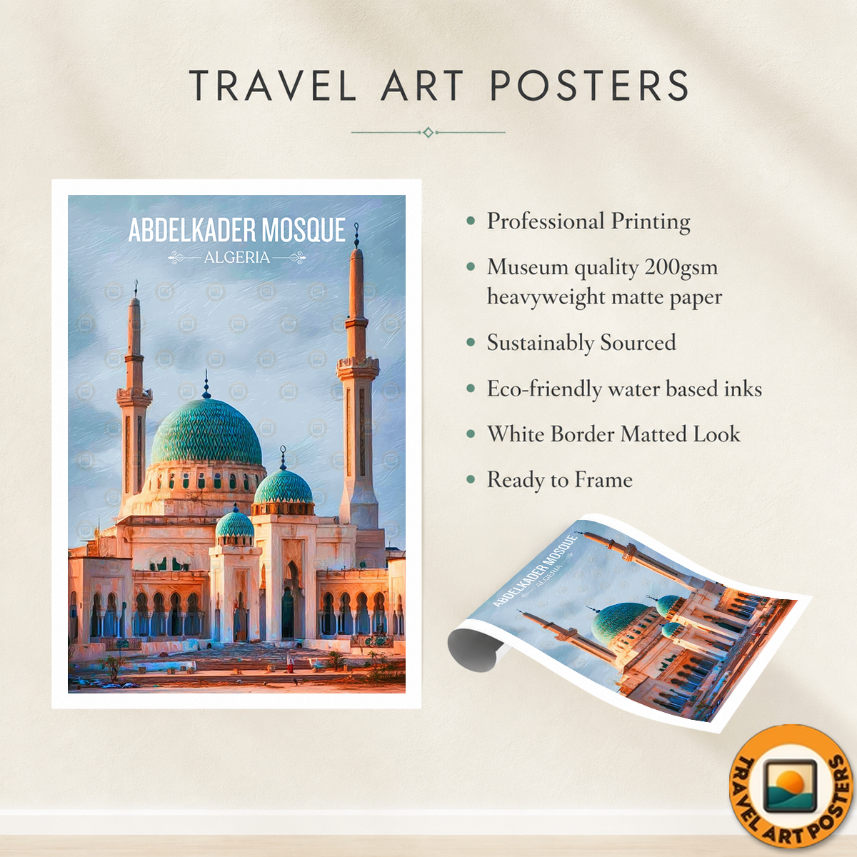 Abdelkader Mosque - Algeria - Travel Poster Vintage Style Wall Art Print - Art Print - Travel Art Poster
