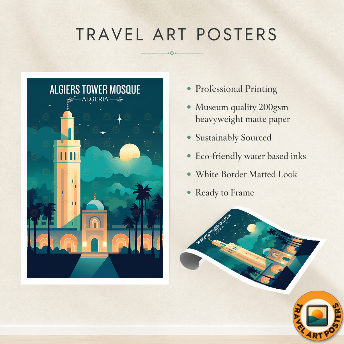 Tower Mosque - Algeria - Travel Poster Vintage Style Wall Art Print - Art Print - Travel Art Poster