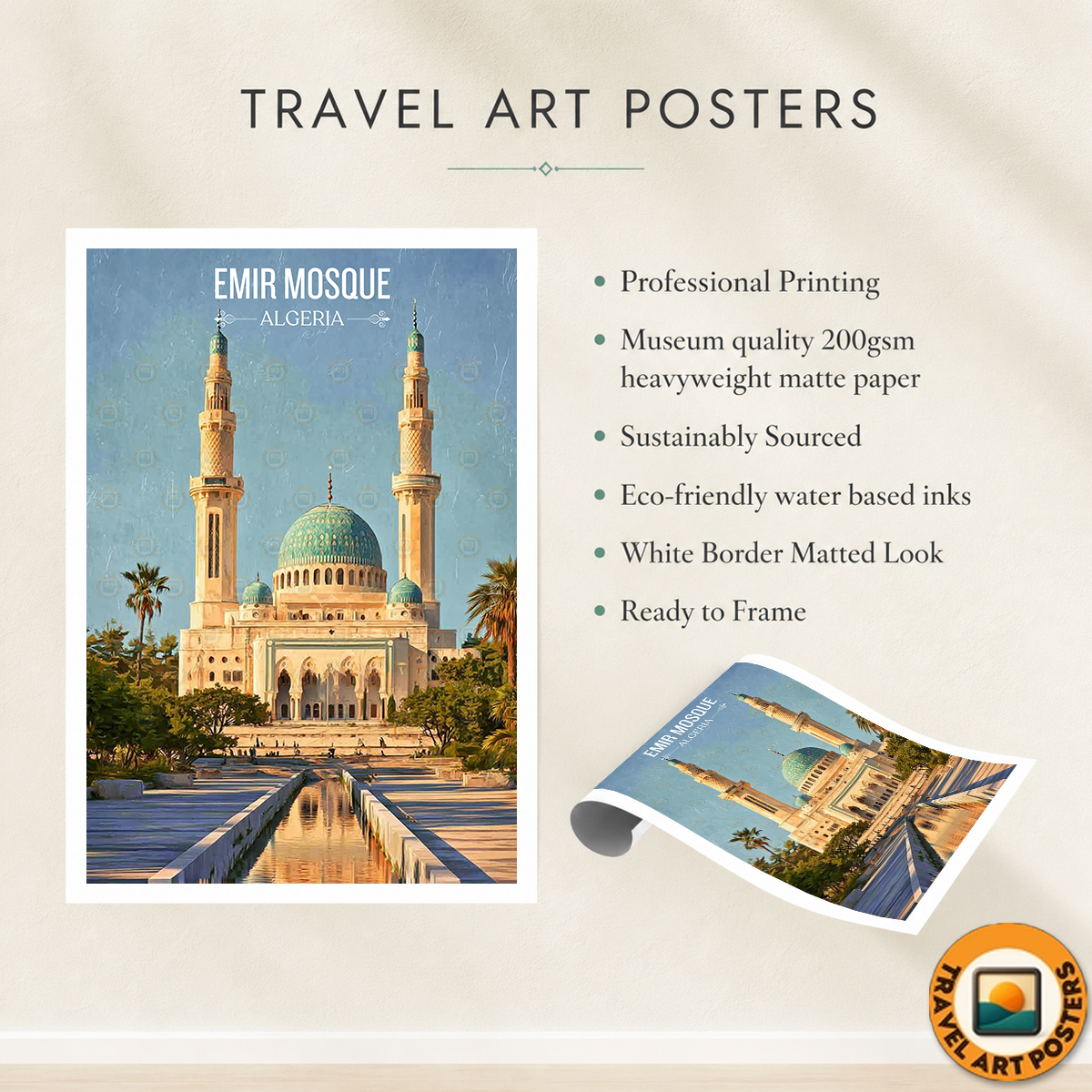 Emir Mosque - Algeria - Travel Poster Vintage Style Wall Art Print - Art Print - Travel Art Poster