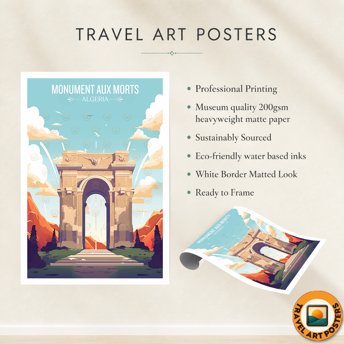 Monument Aux Morts - Algeria - Travel Poster Vintage Style Wall Art Print - Art Print - Travel Art Poster