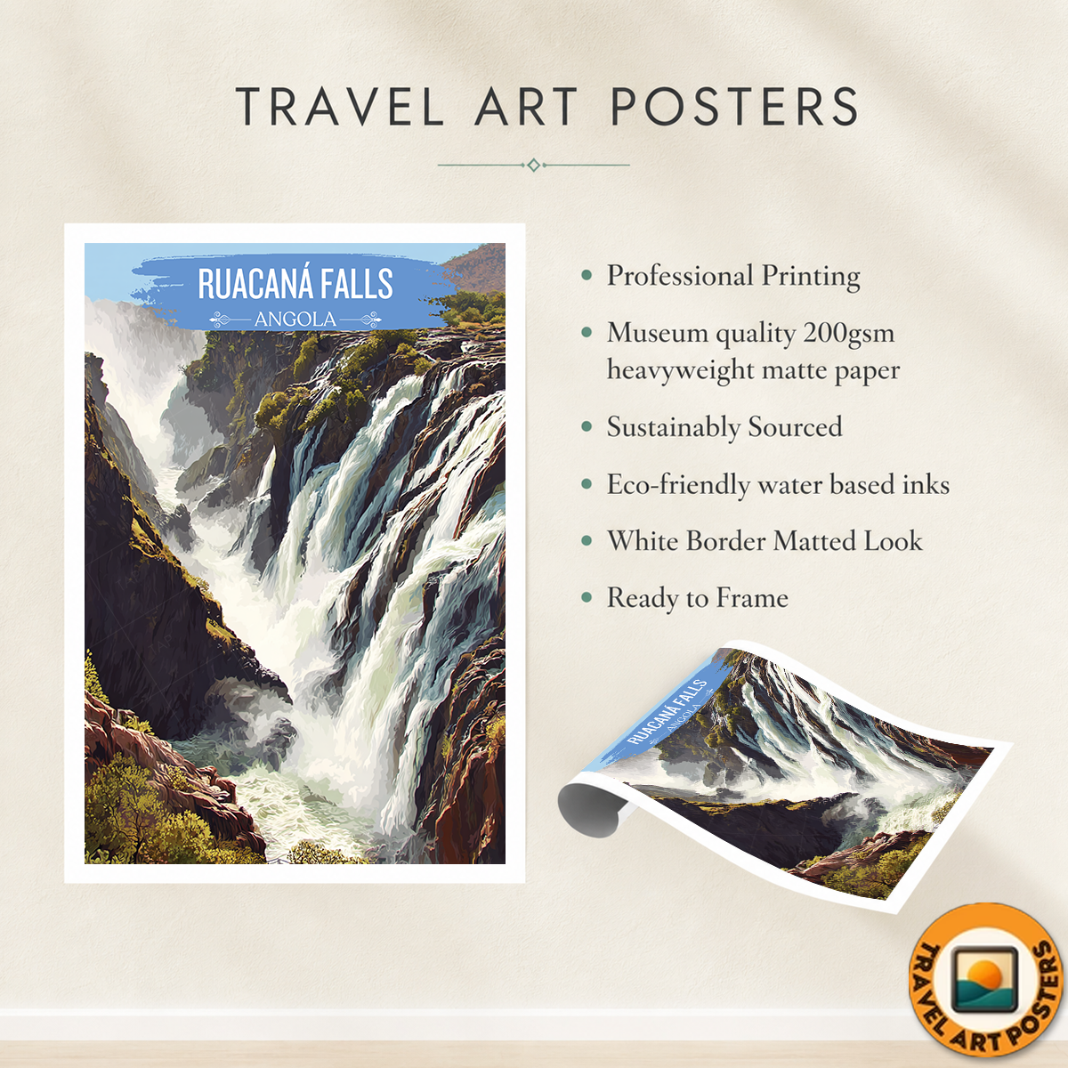 Ruacaná Falls - Angola - Travel Poster Vintage Style Wall Art Print - Art Print - Travel Art Poster