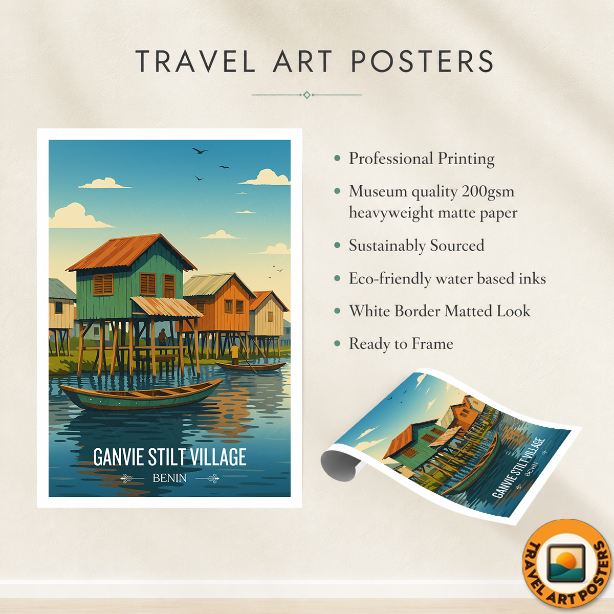 Ganvie Stilt Village - Benin - Travel Poster Vintage Style Wall Art Print - Travel Art Poster Print