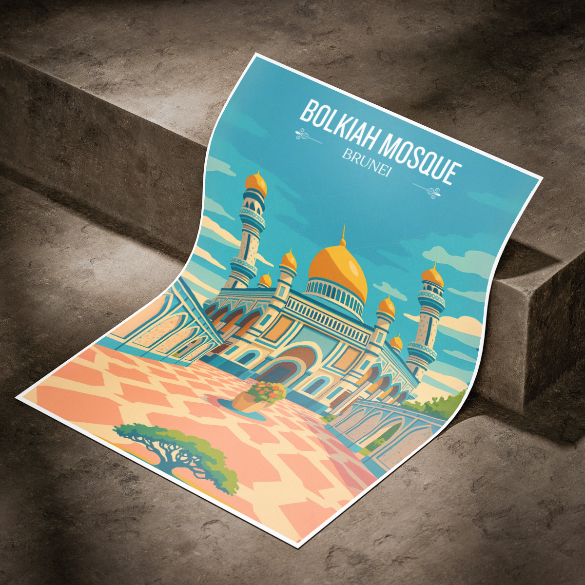 Bolkiah Mosque - Brunei - Travel Wall Art Print - Art Print - Travel Art Poster