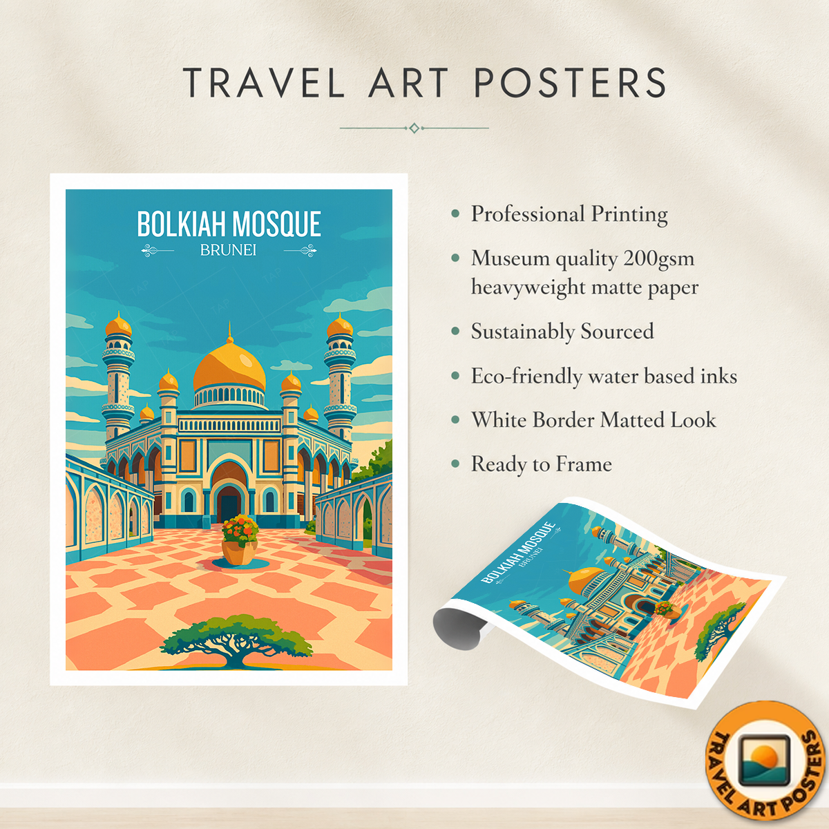 Bolkiah Mosque - Brunei - Travel Wall Art Print - Art Print - Travel Art Poster