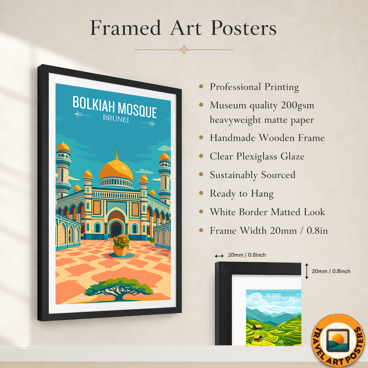 Bolkiah Mosque - Brunei - Travel Wall Art Print - Art Print - Travel Art Poster