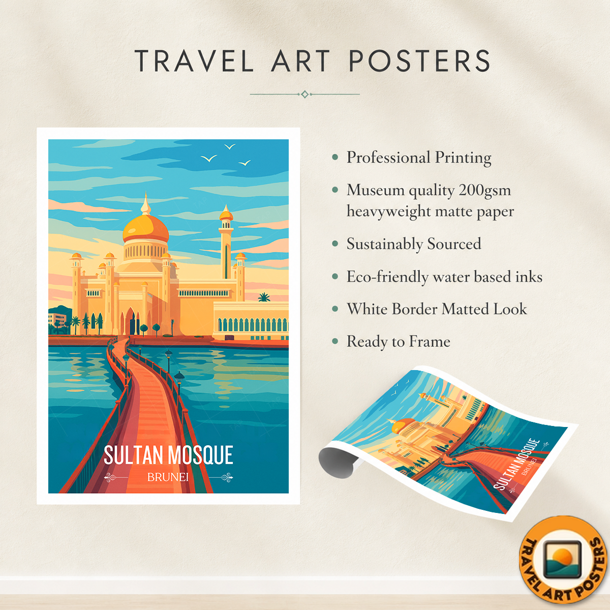 Sultan Mosque Masjid - Brunei - Travel Wall Art Print - Art Print - Travel Art Poster