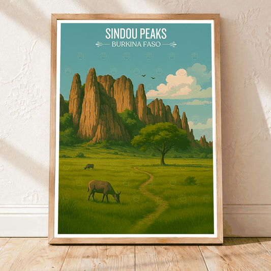 Sindou Peaks travel poster – artwork presentation view 1