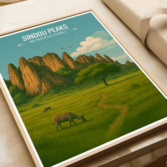 Sindou Peaks travel poster – artwork presentation view 2