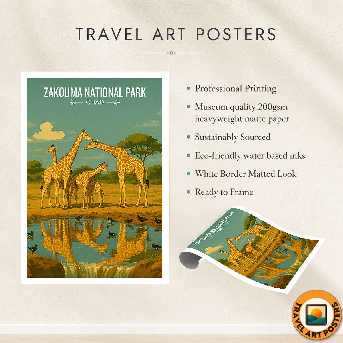 Zakouma National Park travel poster – artwork presentation view 4