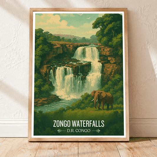 Zongo Waterfalls travel poster – artwork presentation view 1