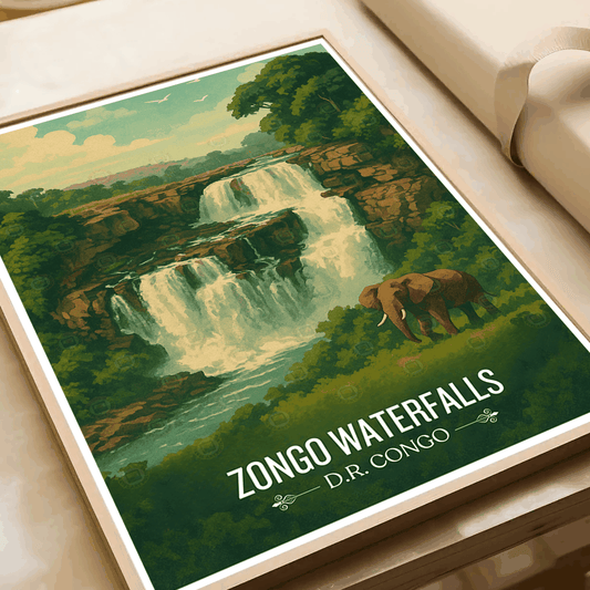 Zongo Waterfalls travel poster – artwork presentation view 2