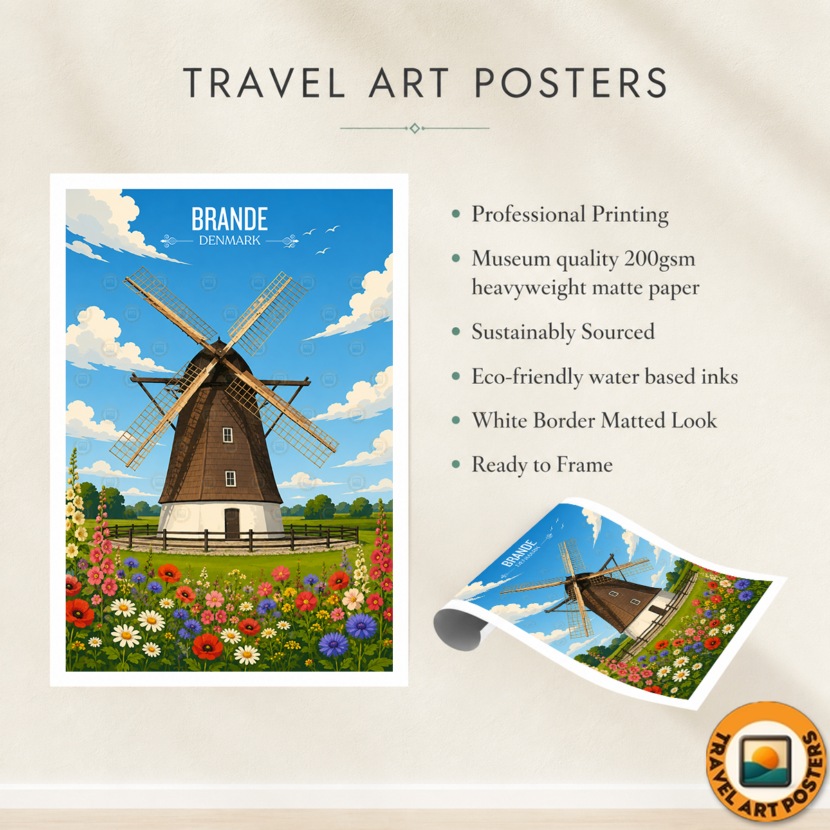 Brande - Denmark - Travel Poster Vintage Style Wall Art Print