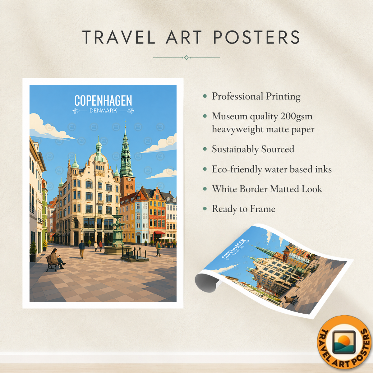 Copenhagen - Denmark - Travel Poster Vintage Style Wall Art Print