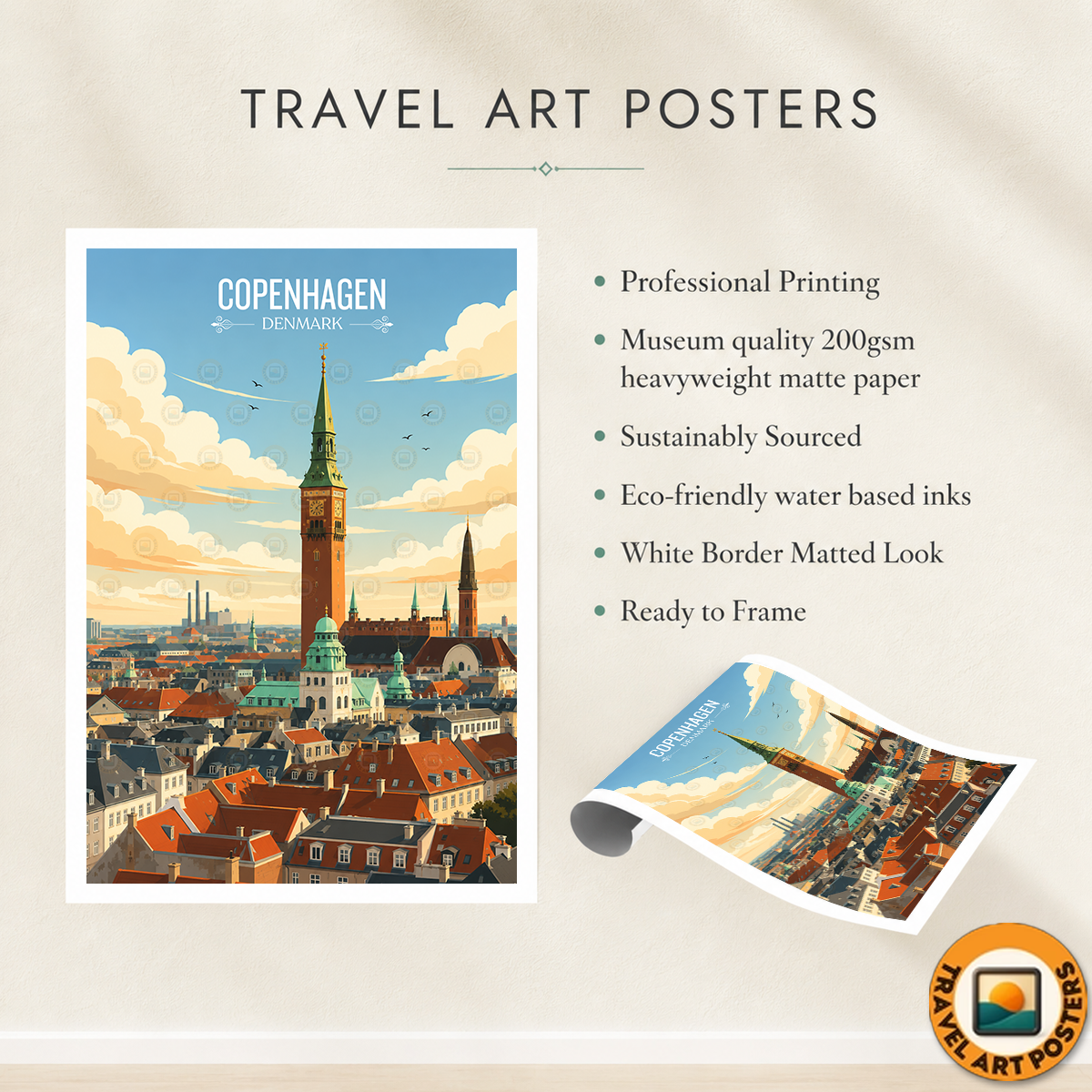Copenhagen - Denmark - Travel Poster Vintage Style Wall Art Print