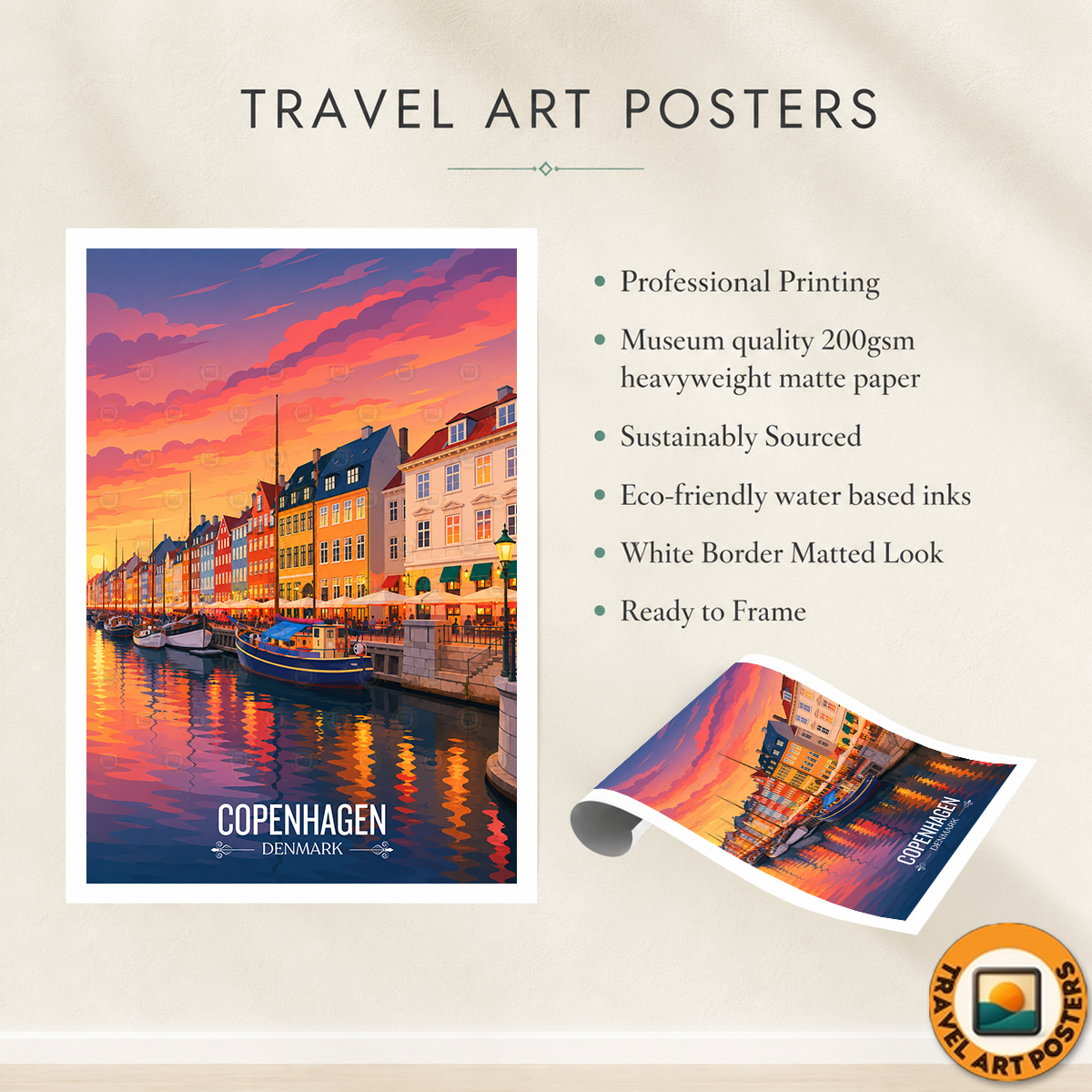 Copenhagen - Denmark - Travel Poster Vintage Style Wall Art Print