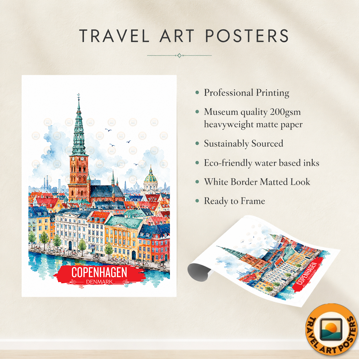 Copenhagen - Denmark - Travel Poster Vintage Style Wall Art Print