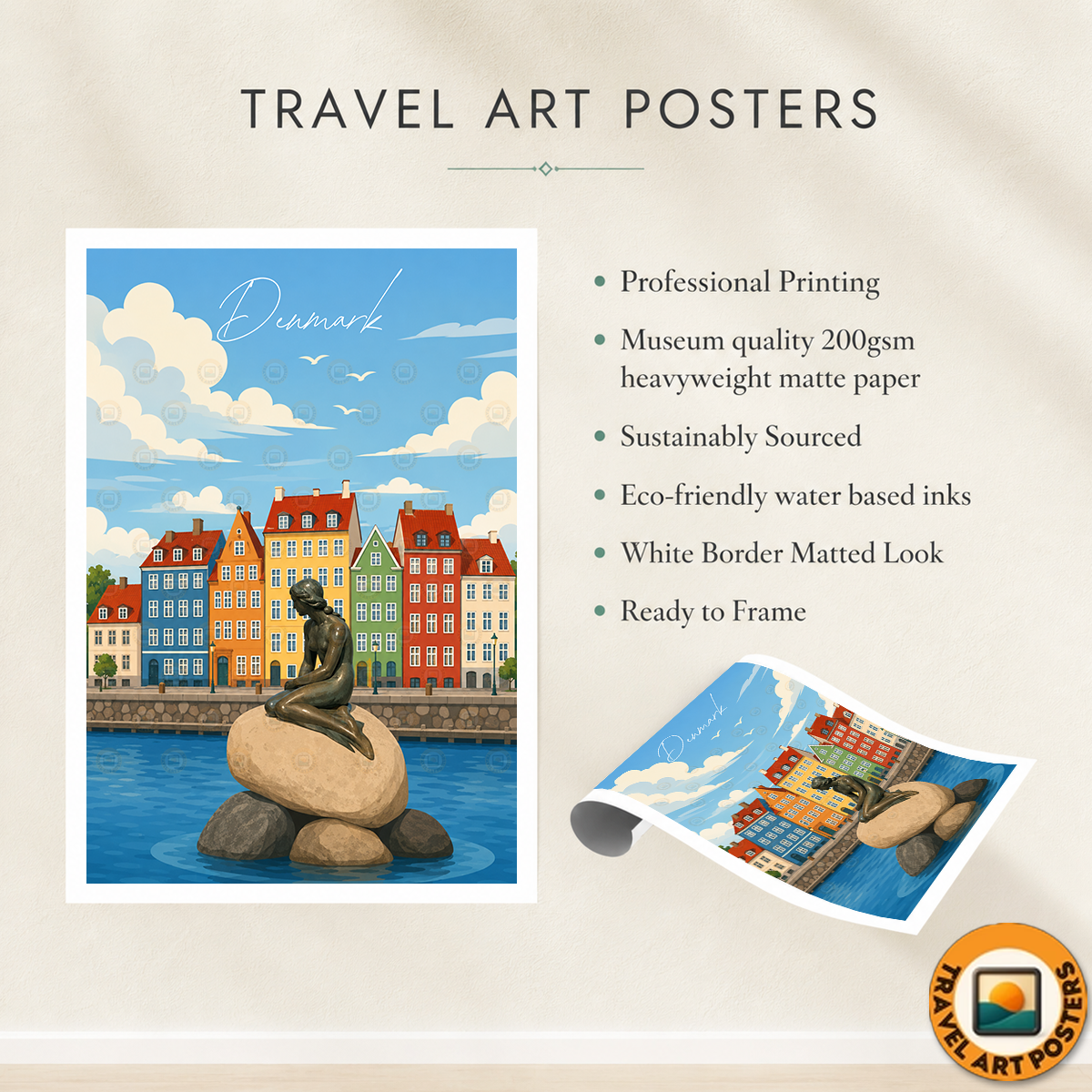 Denmark - Travel Poster Vintage Style Wall Art Print