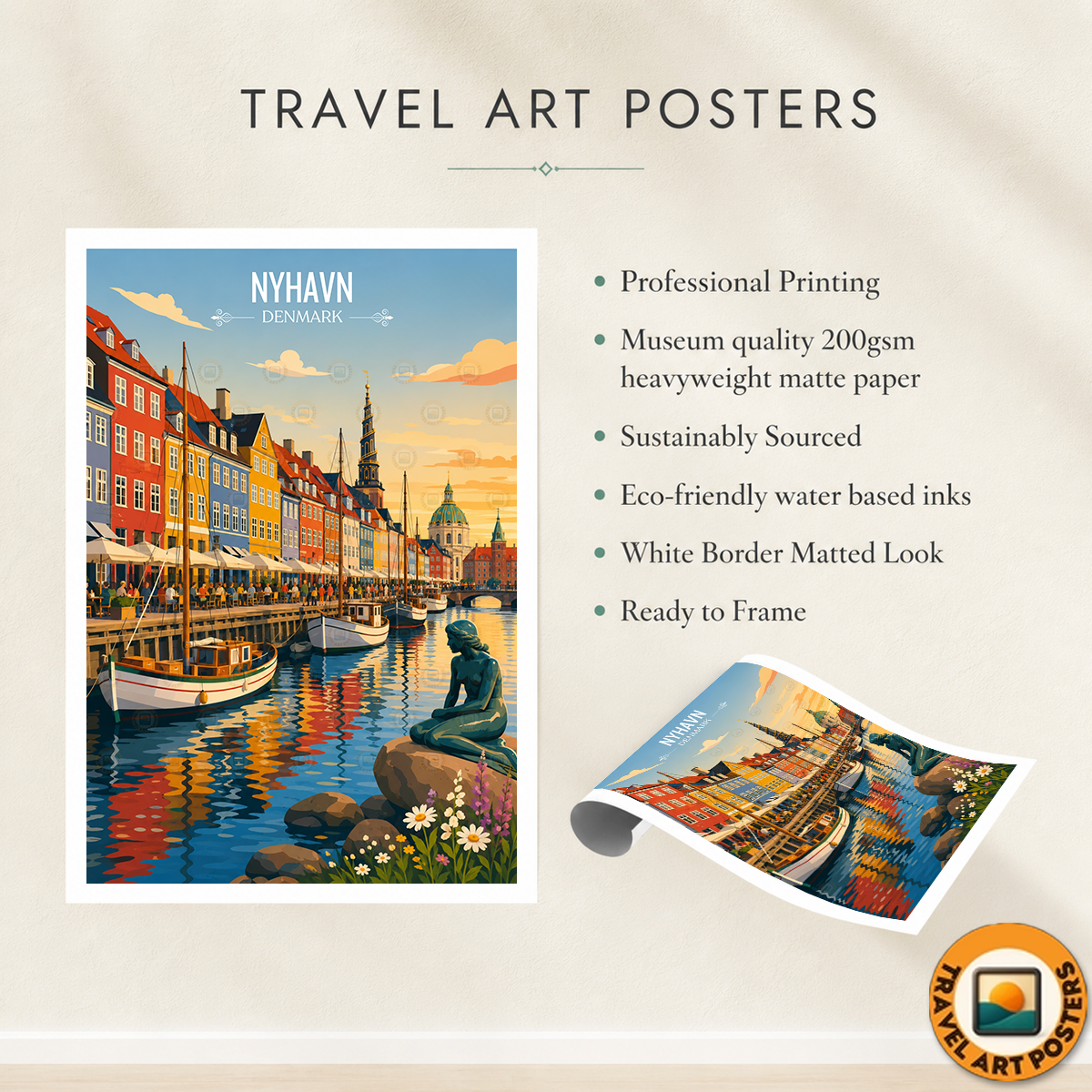 Nyhavn - Denmark - Travel Poster Vintage Style Wall Art Print - Art Print - Travel Art Poster