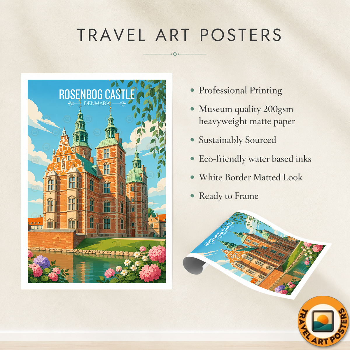 Rosenborg Castle - Denmark - Travel Poster Vintage Style Wall Art Print - Art Print - Travel Art Poster