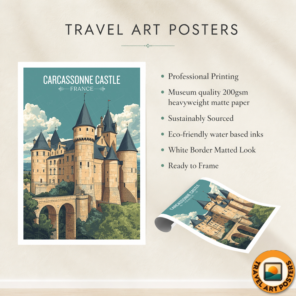 Carcassonne Castle - France - Travel Art Wall Deco Poster - Art Print - Travel Art Poster