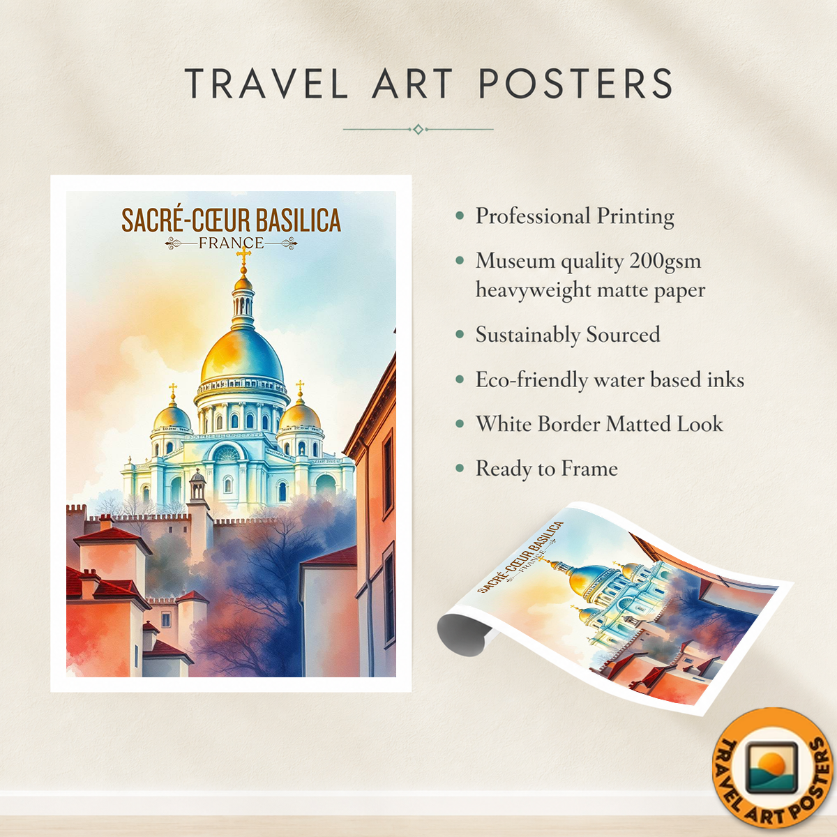 Sacré-Cœur Basilica - France - Travel Art Wall Deco Poste - Art Print - Travel Art Poster