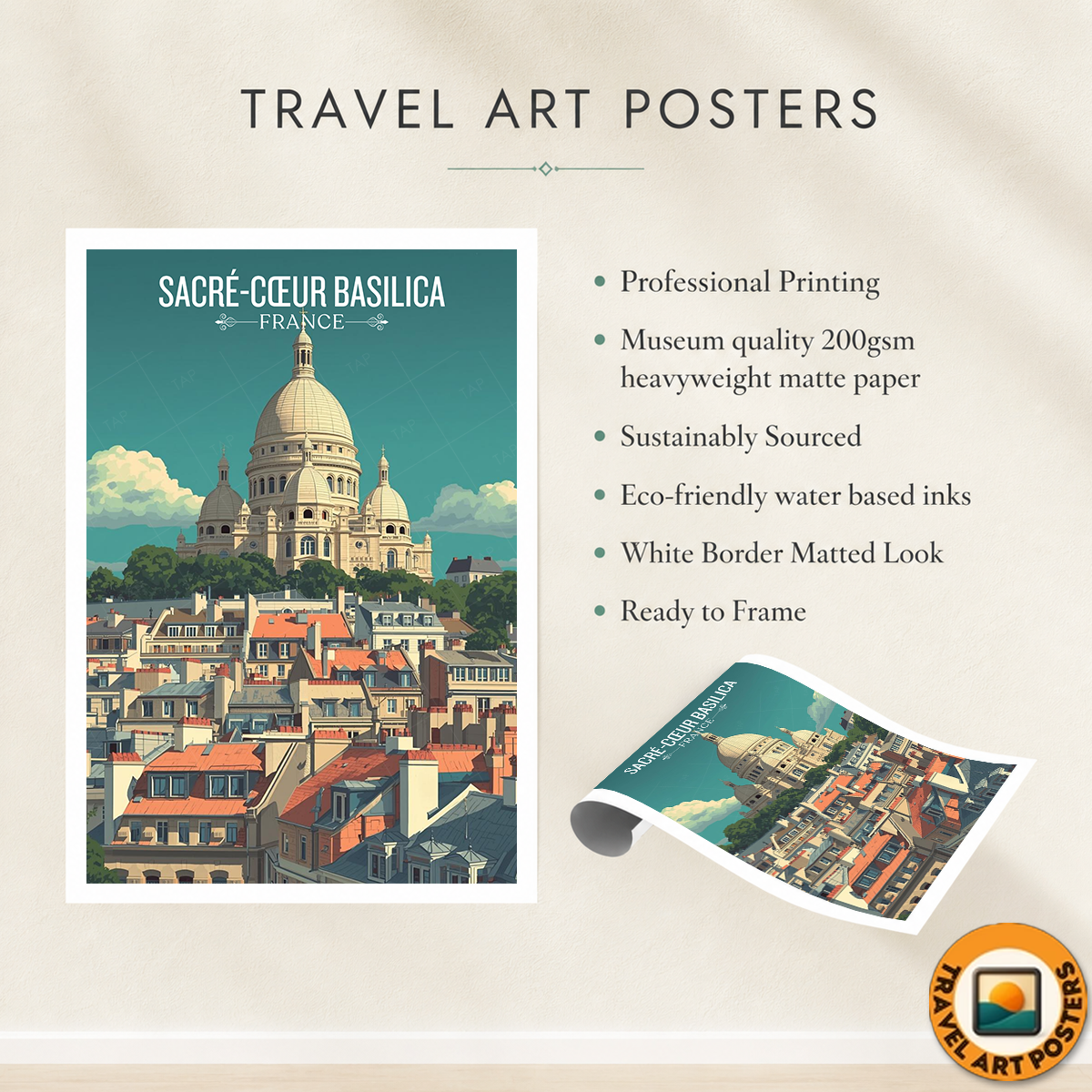 Montmartre Basilica - France - Travel Art Wall Deco Poste - Art Print - Travel Art Poster