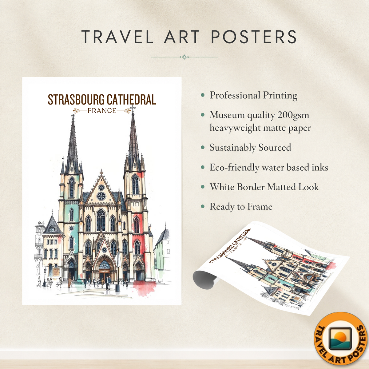 Strasbourg Cathedral - France - Travel Art Wall Deco Poste - Art Print - Travel Art Poster