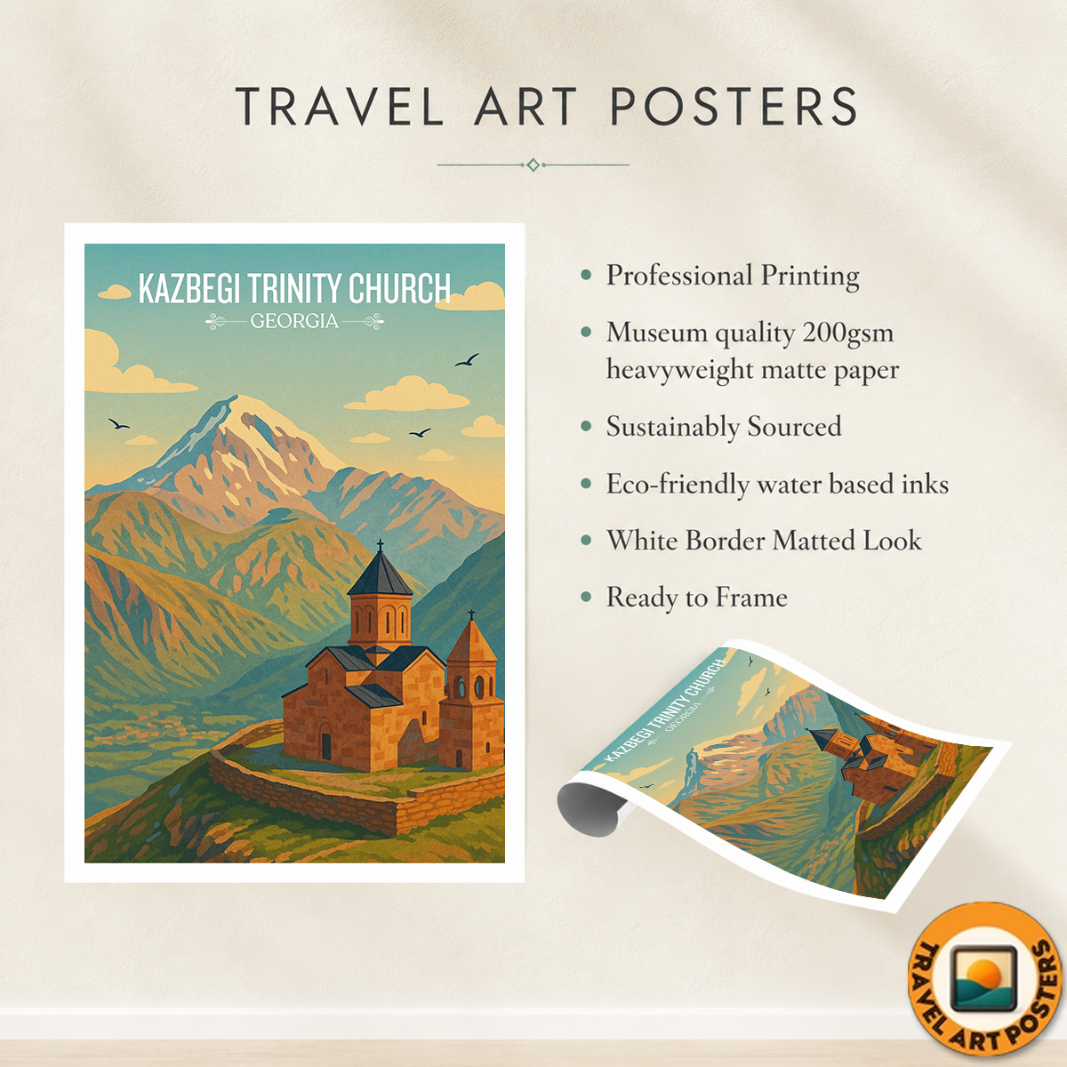 Kazbegi Trinity Church – Georgia - Travel Wall Art Print - Art Print - Travel Art Poster