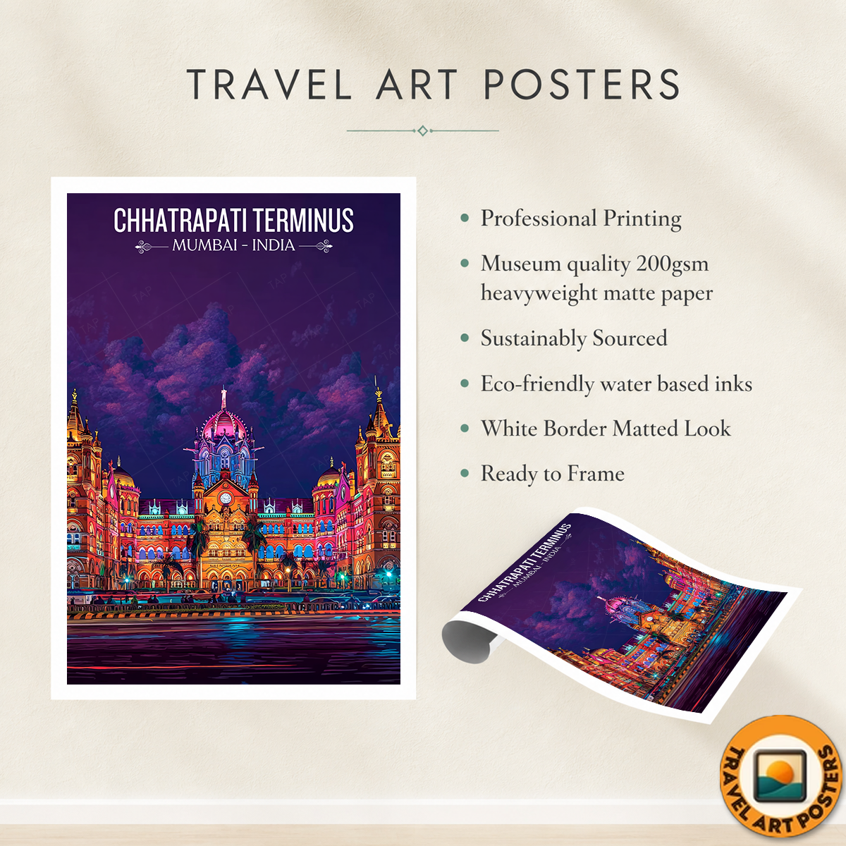 Chhartarpati Shivaji Maharaj Terminus - Mumbai - India - Travel Wall Art Print Poster - Art Print - Travel Art Poster