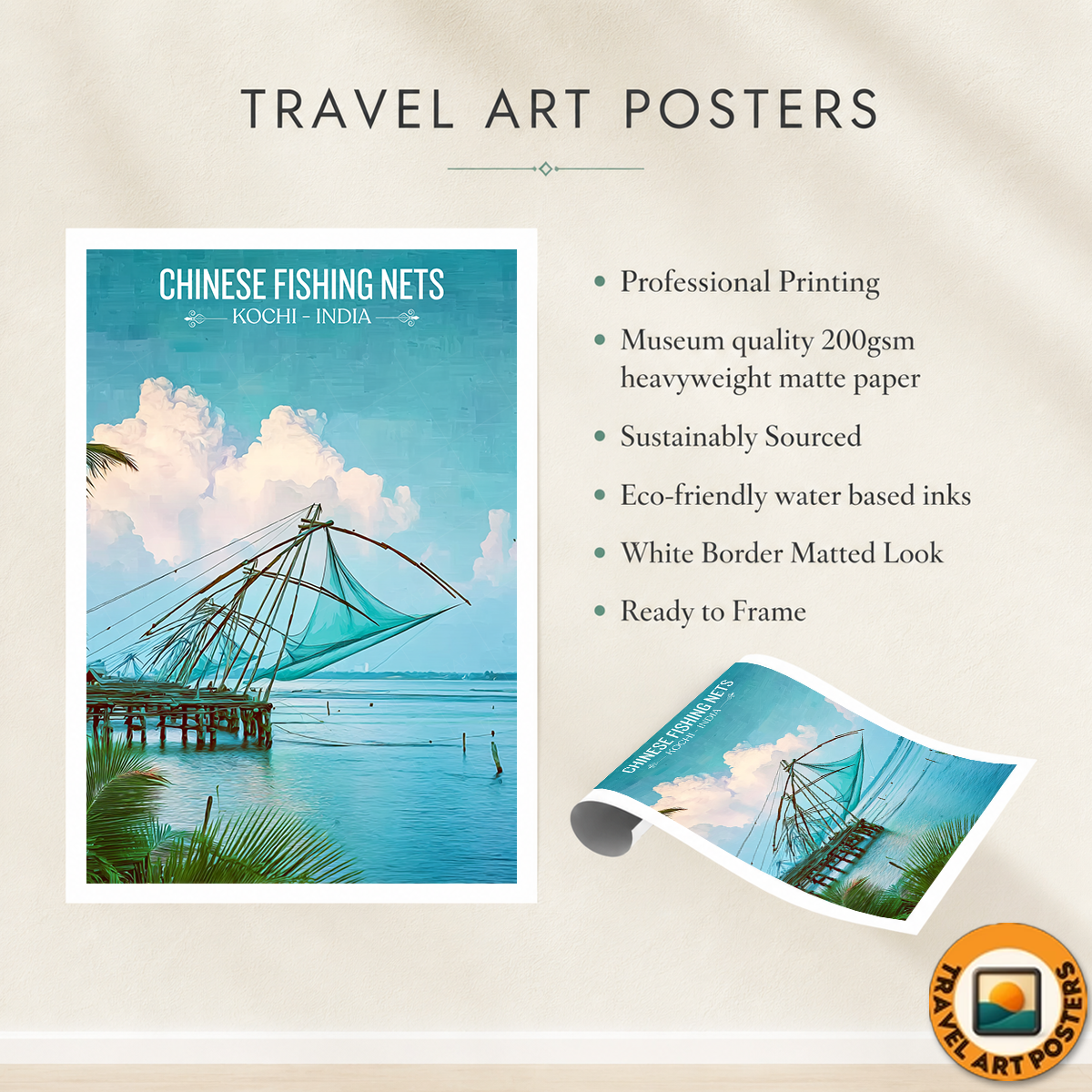 Chinese Fishing Nets - Kochi - India - Travel Wall Art Print Poster - Art Print - Travel Art Poster