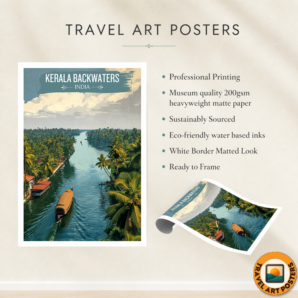 Kerala Backwaters - India - Travel Wall Art Print Poster - Art Print - Travel Art Poster