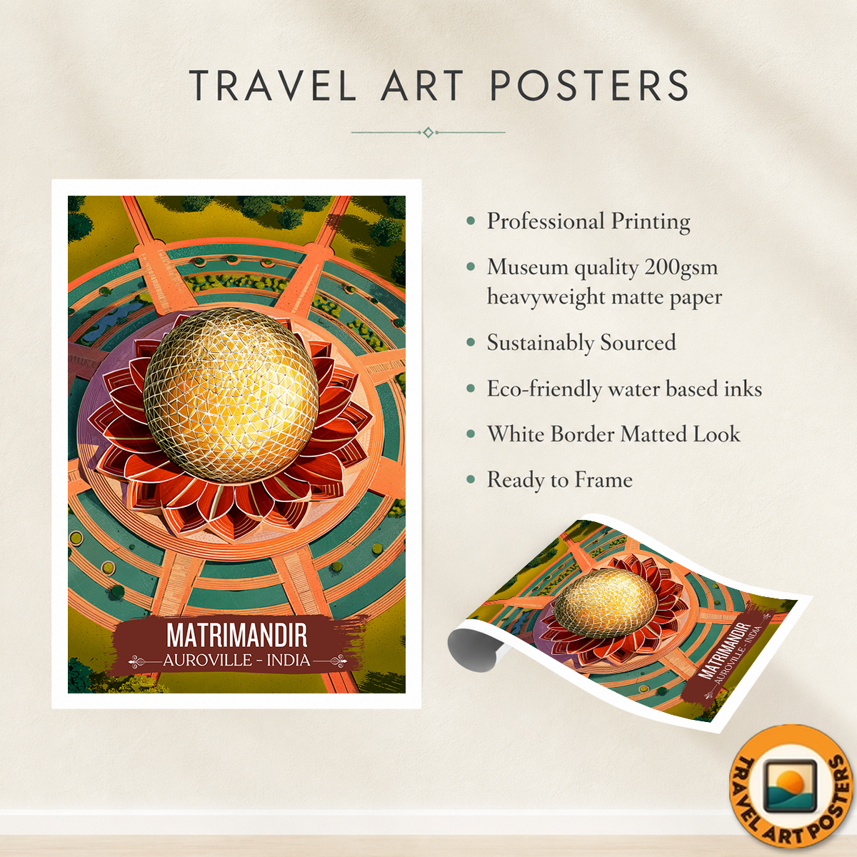 Matrimandir - Auroville - India - Travel Wall Art Print Poster - Art Print - Travel Art Poster
