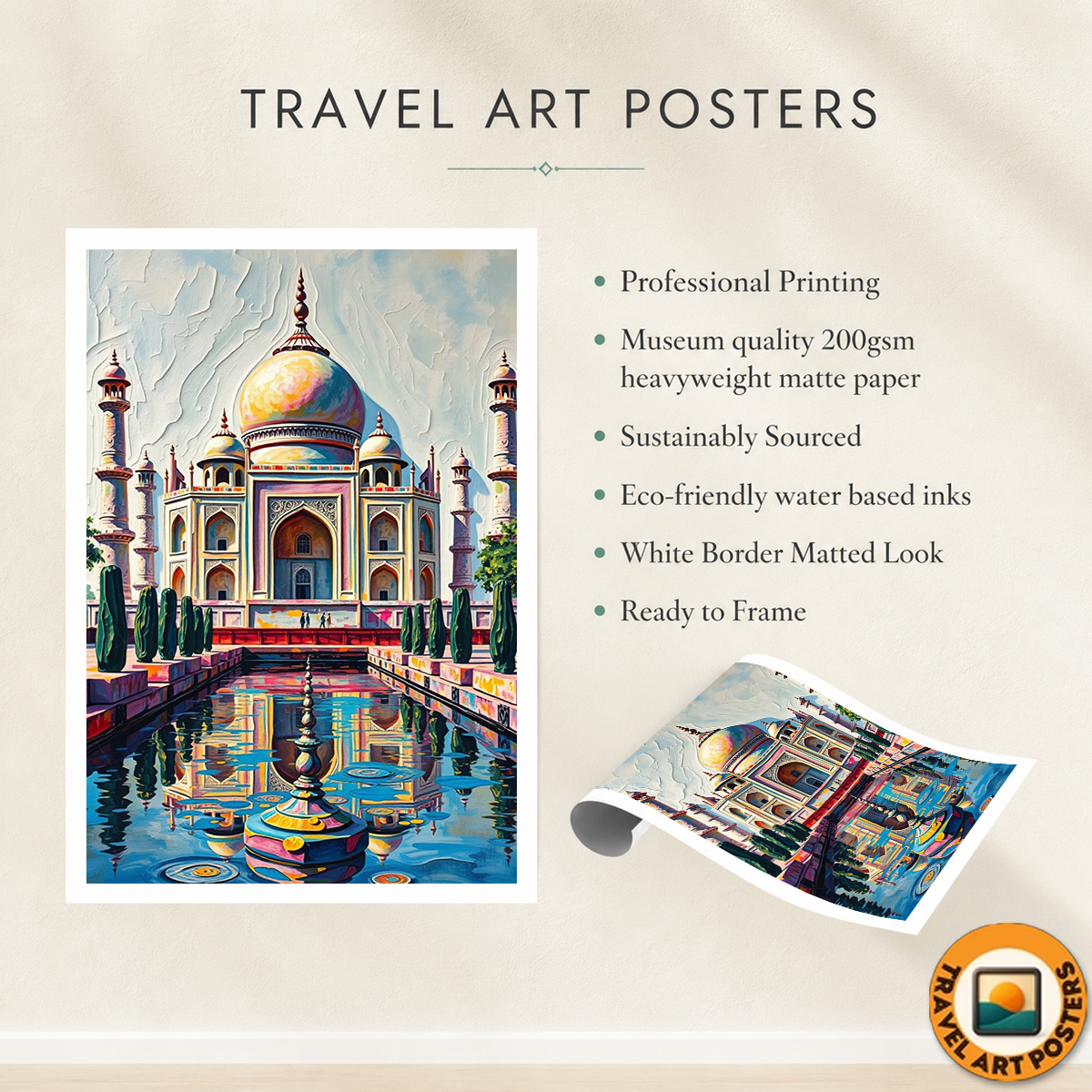 Colourful Taj Mahal - Agra - India - Travel Wall Art Print Poster - Art Print - Travel Art Poster
